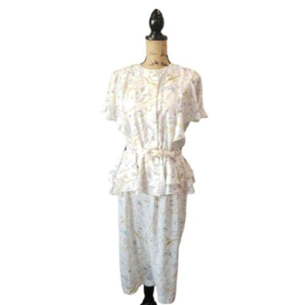 Ms Chaus Women's Vintageโ Peplum Dress Floral Belt Flutter Sleeve 10 AA180